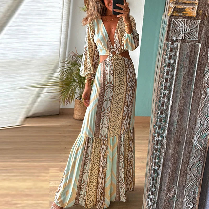 Women 2024 Waist Hollow Bohemian Dress Vintage Printed V-Neck Vacation Long Dress New Autumn Long Sleeve Backless A-line Dress