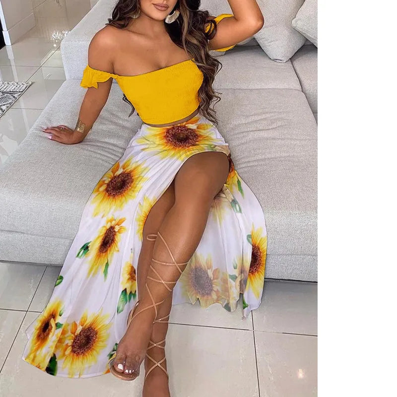 2024 Women's Summer New Fashionable and Beautiful Bohemian High Waist Printed One Line Neck Bra Strap Open Navel Set Dress