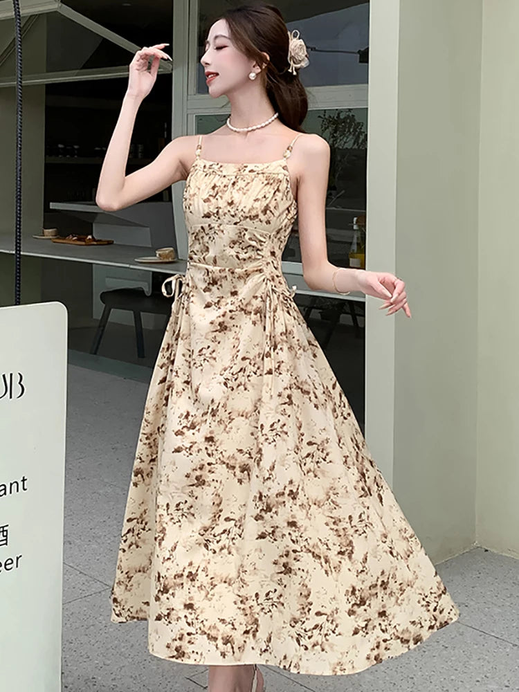 2024 Boho Floral Elegant Sling Long Dress Gown Women Korean Fashion Bandage Bodycon Dress Summer Vintage Elegant Festival Dress