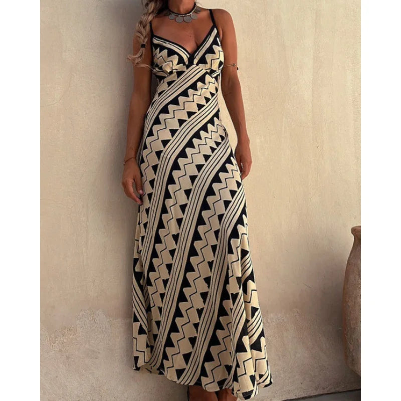 Bohemian Print Sleeveless Beach Dress, Casual Suspender Dress, Maxi Dress