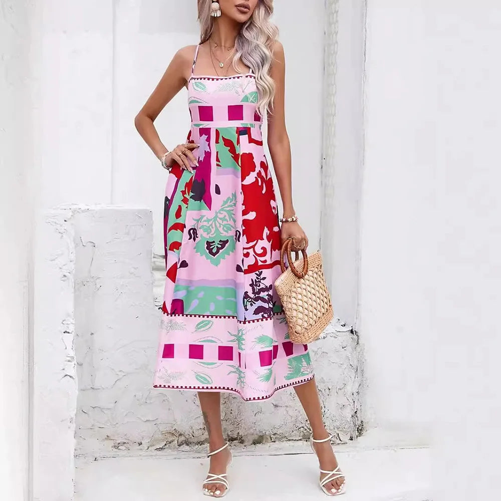 Women's Bohemian Floral Print Maxi Cami Dress Spaghetti Strap Flowy Long Midi Dresses Chic Casual Beach Summer Sundress 2024