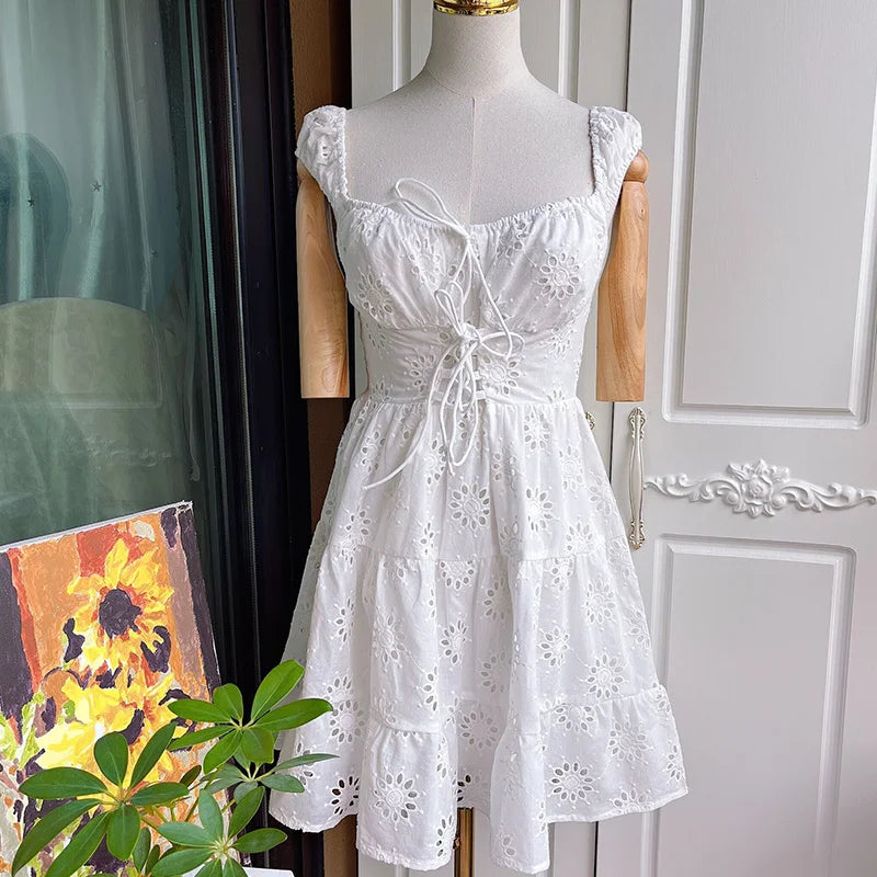 MosiMolly 2022 White Cotton Embroidery Dress Women Lace Crochet Dress Cotton Skater Dress Summer Day Dress Female Vestidos