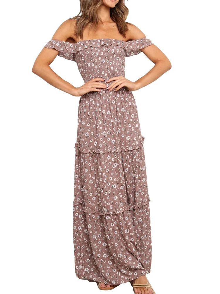 Boho Long Dress Women Beach Off Shoulder Dresses Female Party Night Floral Strapless Dress Ladies Casual Slash Neck Vestidos