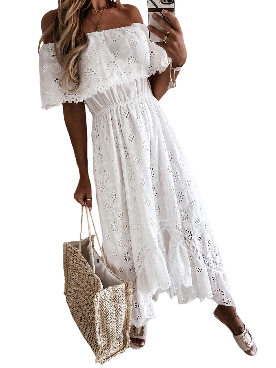 Women s Casual Dress Off Shoulder Short Sleeve Middle Waist Lace Embroidered Solid Color Irregular Dresses