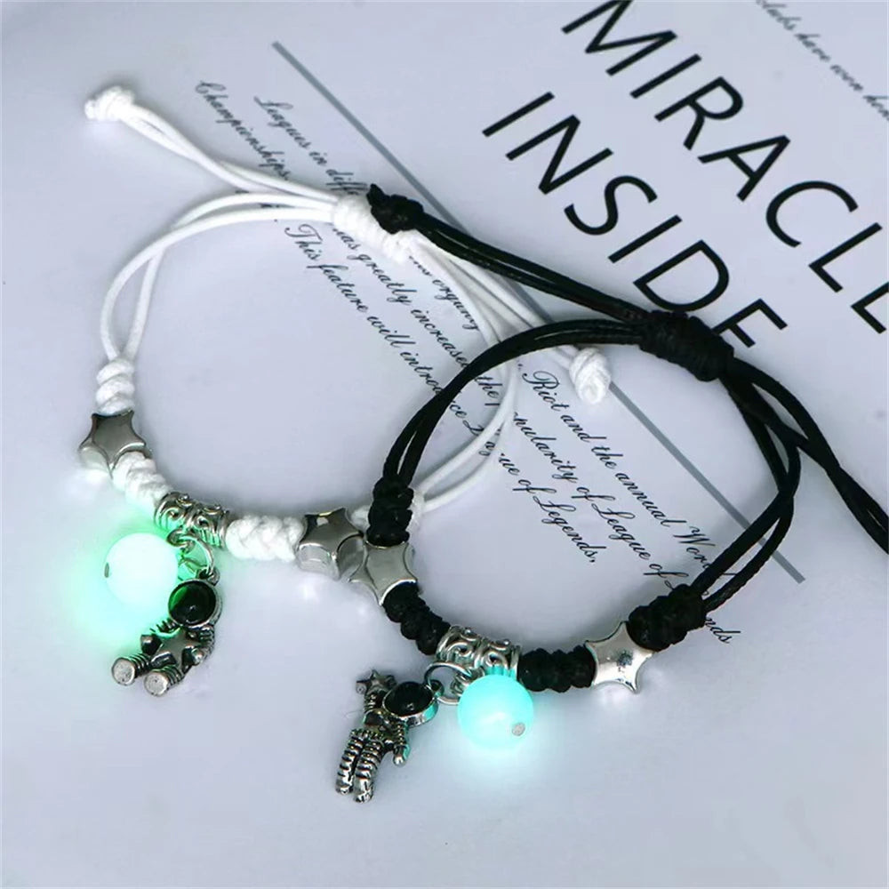 2pcs Luminous Cat Star Moon Cross Charms Bracelet Set Couple Adjustable Woven Rope Friendship Bracelet For Women Men Summer Gift