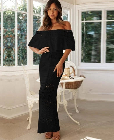 Women's Elegant Dress 2024 Autumn Winter Latest Hollow Out Lace Up Shawl Solid One Character Collar Maxi Dress Hip Hugging Skirt