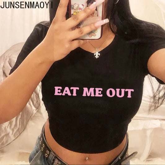 Eat Me Out Print Pattern Summer Short Sleeve O Neck Solid Color Cropped Navel Women Crop Tops Fashion T-Shirt