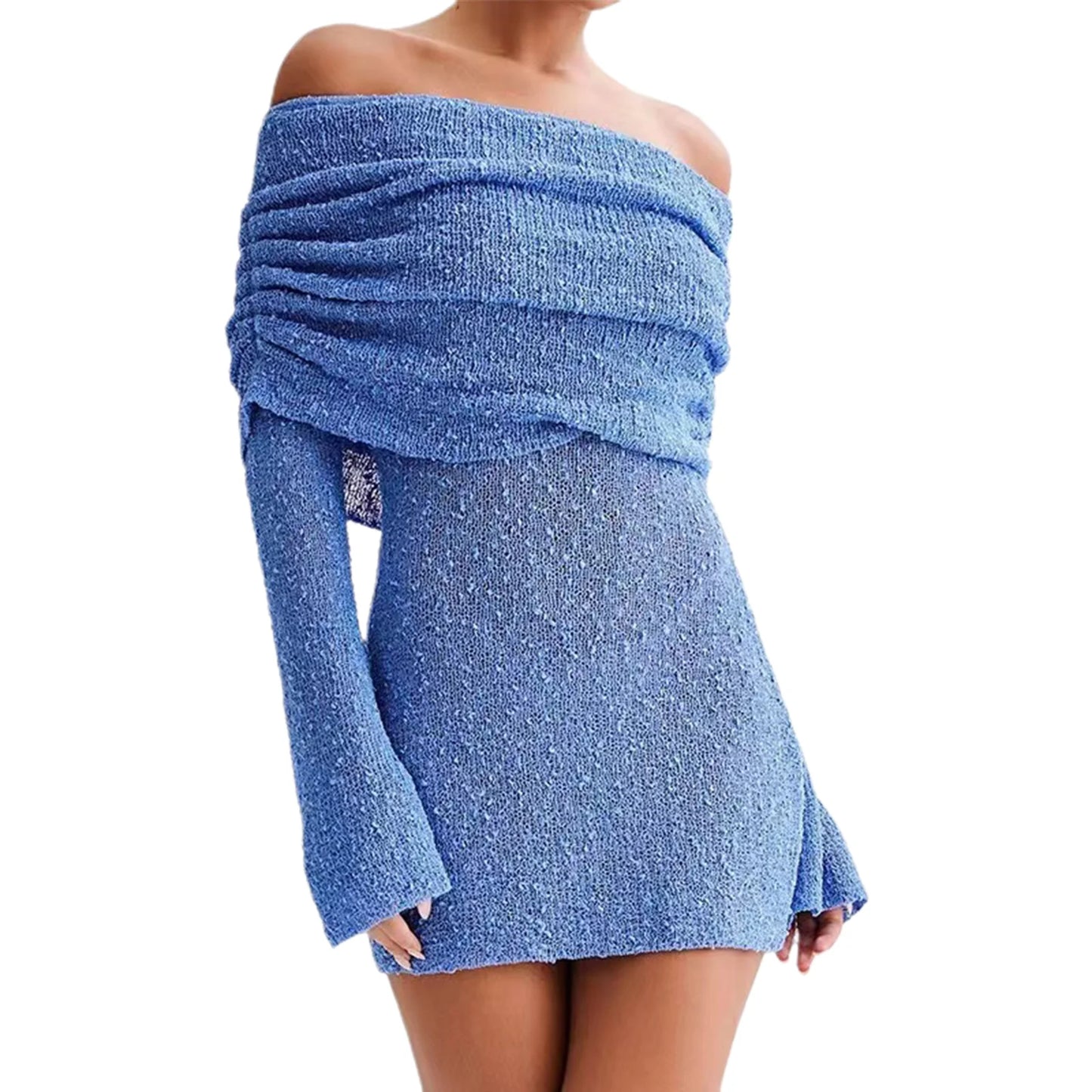 Women's Spring Summer Slim Fit Knit Dress Aesthetic Solid Boat Neck Off Shoulder Long Sleeve Casual Plush Shorts Streetwear