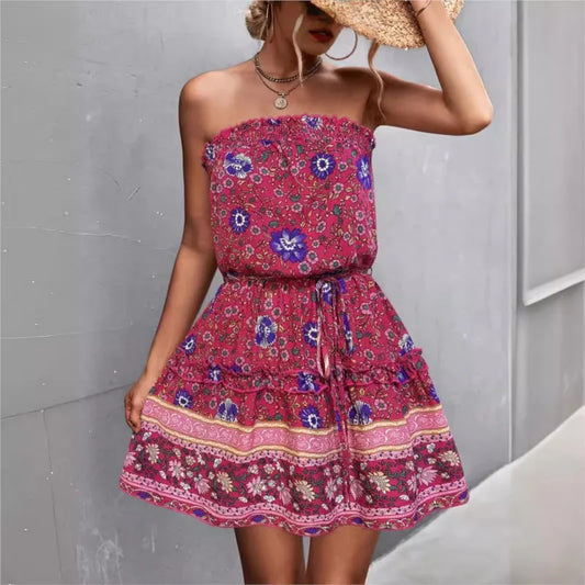 Spring And Summer New Women's Bohemian Floral Ragtag Strapless Dress Without Collar Or Sleeves Mini A-line Skirt With Patchwork