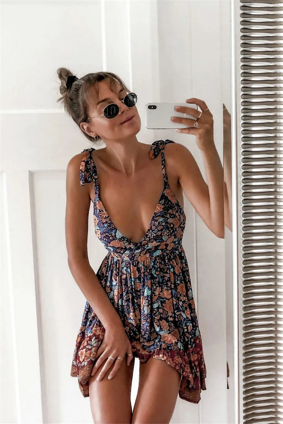 Bohemian Style Women Summer A-Line Dress Bandage Design Sling Sleeveless V-Neck Backless Leopard Flower Print Slim Mini Dress