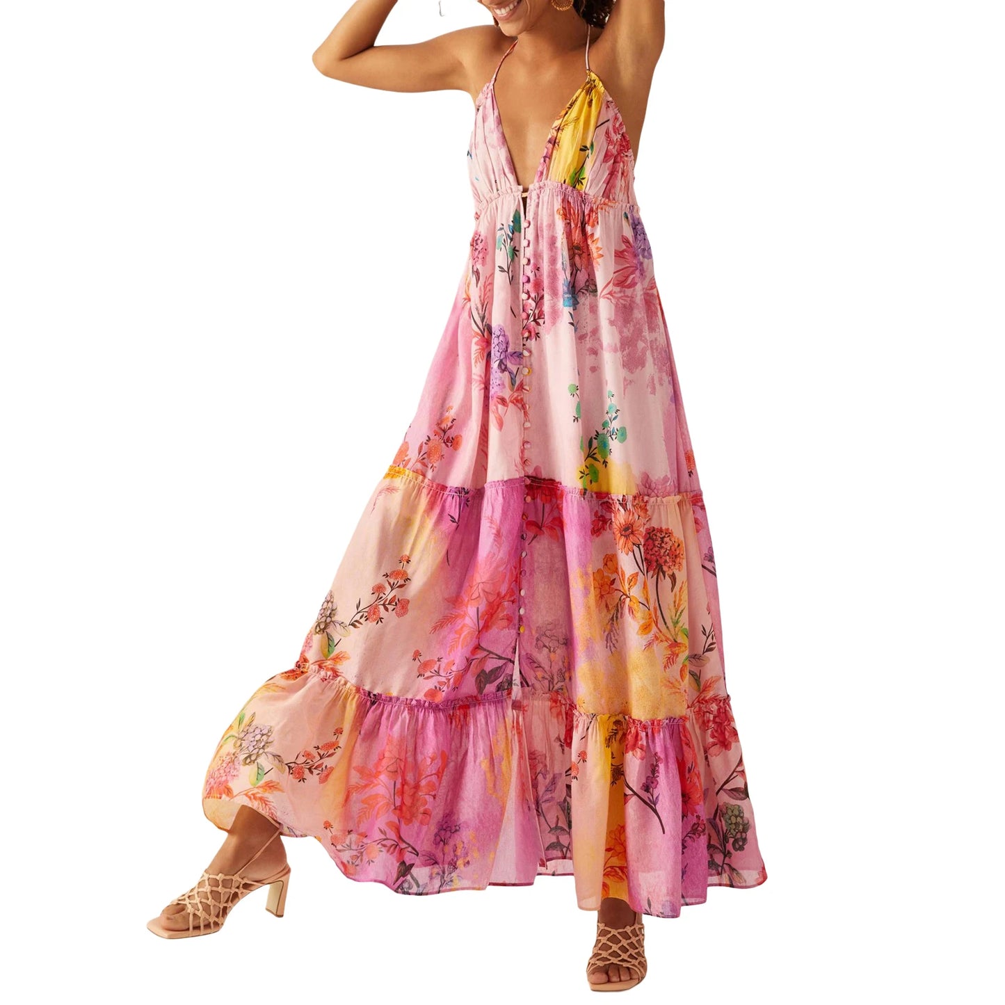 Women Bohemian Slip Dress Spaghetti Straps V-neck Backless Flower Print Swing Dress Summer Casual Long Dress