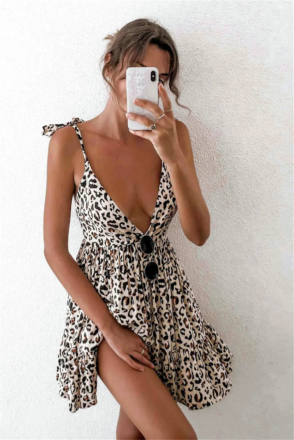 Bohemian Style Women Summer A-Line Dress Bandage Design Sling Sleeveless V-Neck Backless Leopard Flower Print Slim Mini Dress