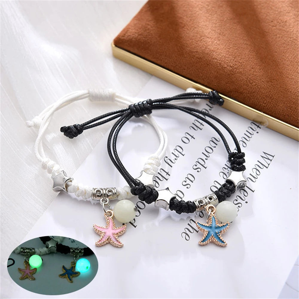 2pcs Luminous Cat Star Moon Cross Charms Bracelet Set Couple Adjustable Woven Rope Friendship Bracelet For Women Men Summer Gift