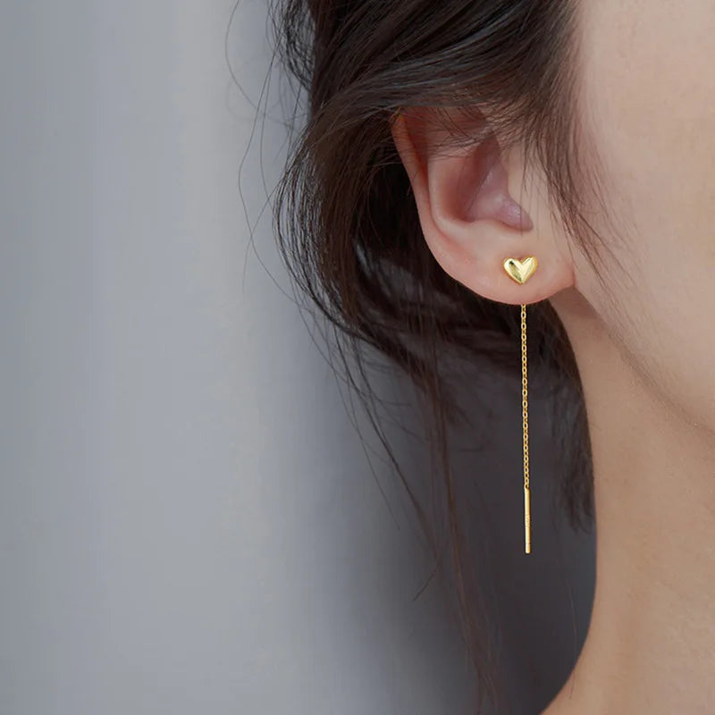 Gold Color Heart Ear Line for Women Temperament Long Tassel Earrings Silver Color Links Girls Korean Fashion Metal Earrings