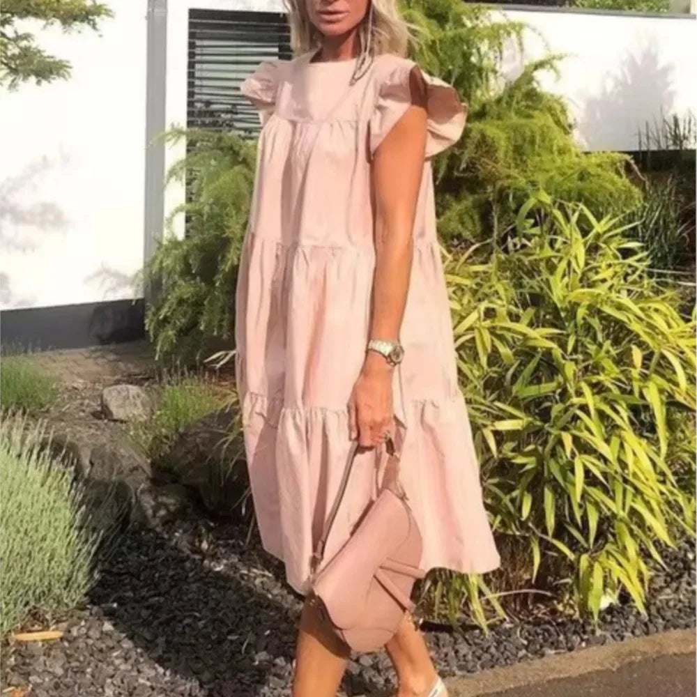 Fashion Boho Oversize A-line Dress For Women 2024 Summer Casual O-neck Ruffles Sleeve Solid Color Holiday Beach Midi Dresses