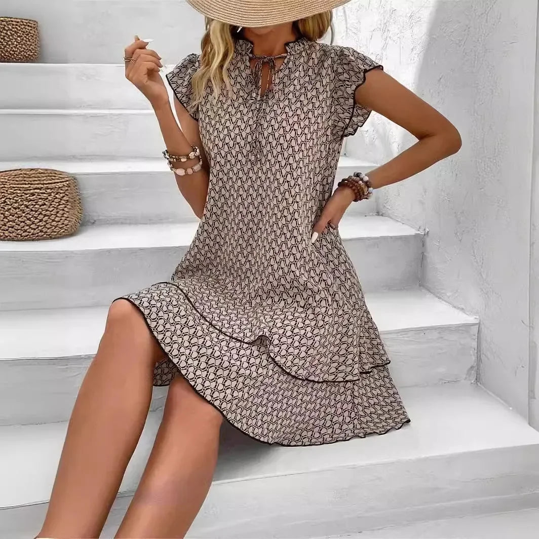 Elegant Women's Casual Loose Ruffle Dress Summer Bohemian Printed V-neck Lace-up Flying Sleeve Mini Dresses For Women Robe Femme