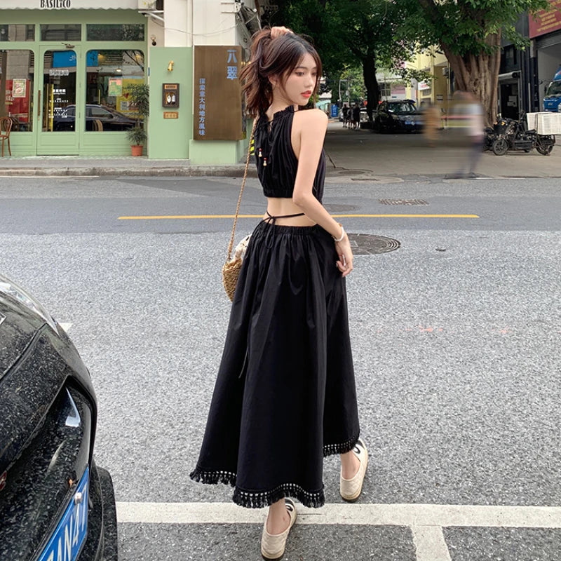 Women Backless Dresses Lace Up Bohemian Holiday Tassel Sleeveless Off-shoulder Summer Elegant Temperament Trendy Chill Korean