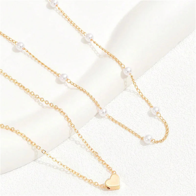 Simple Pearl Choker Necklaces for Women Fashion Double Layer Chain Small Love Heart Pendant Necklace Jewelry Gift Wholesale