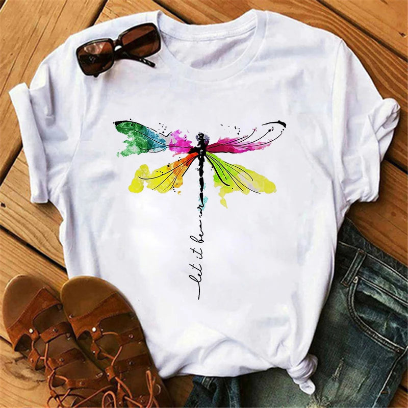 Women's Butterfly Tree Print Harajuku T-Shirt Round Neck Top Short Sleeve Casual Summer Tee Shirt