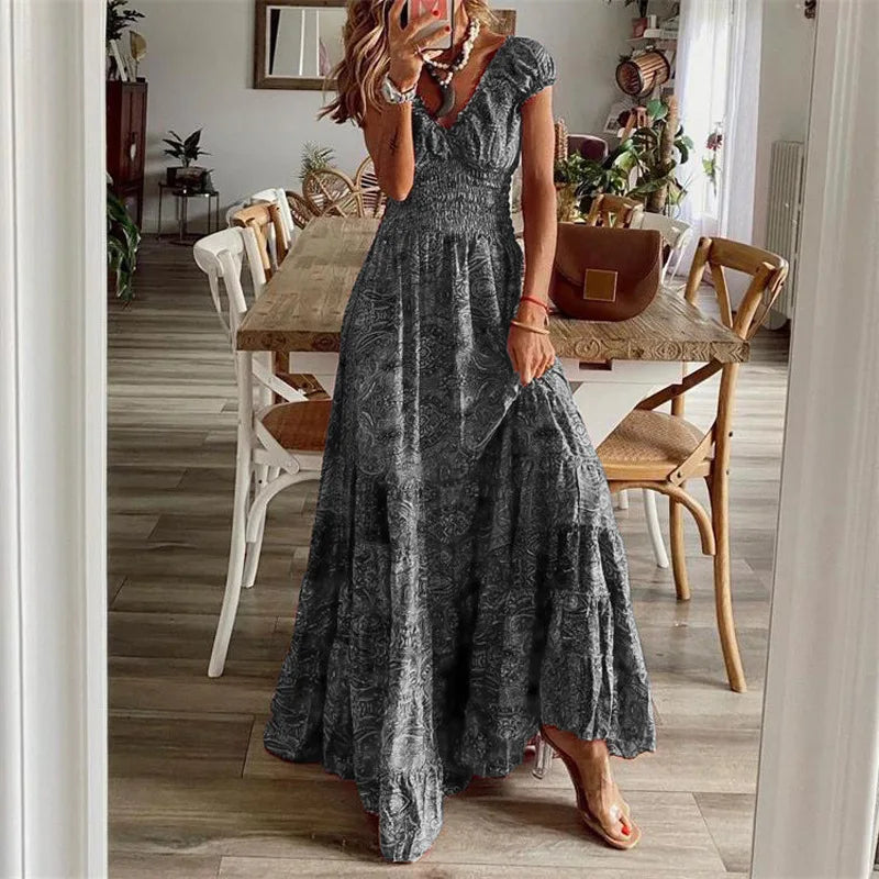 2024 Summer Fashion New Boho Printed Dress Ladies Elegant Deep V Neck Elastic Waist Oversize Hem Long Skirt Resort Style Dress