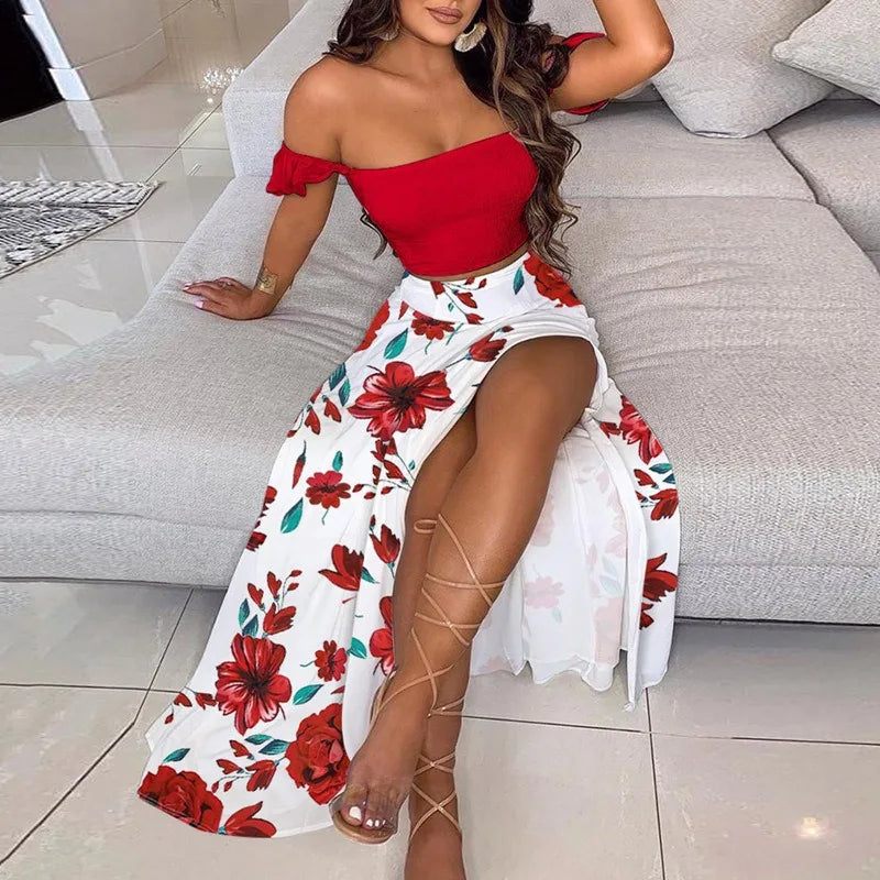 2024 Women's Summer New Fashionable and Beautiful Bohemian High Waist Printed One Line Neck Bra Strap Open Navel Set Dress