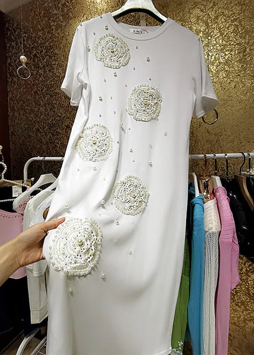 Fairy Pearls Diamonds Beaded Floral Long T-Shirts Dress Shining Rhinestones 3D Big Flowers Long Tees Dress Sequins Dress Vestido