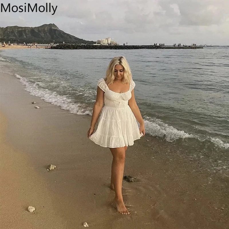 MosiMolly 2022 White Cotton Embroidery Dress Women Lace Crochet Dress Cotton Skater Dress Summer Day Dress Female Vestidos