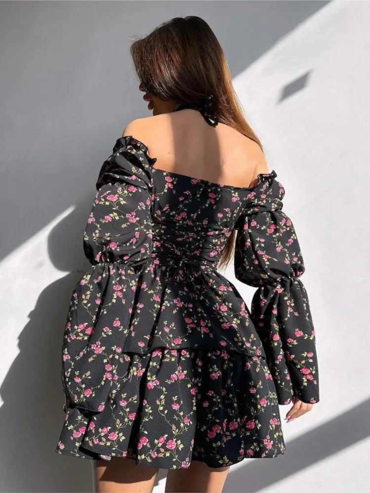 2025 Spring And Autumn Women's Dresses Square Neck Lace Retro Floral Dress Seaside Vacation Casual Beach Short Dress