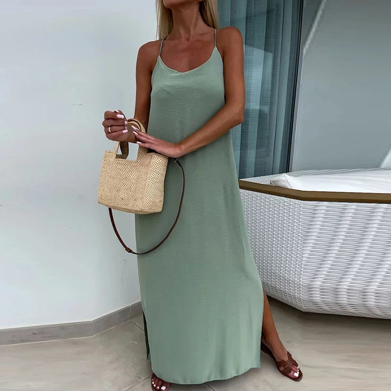 Summer Casual U-Neck Solid Long Dress Women Elegant Strap Split Vocation Dress 2024 Female Cross Backless Bohemian Beach Dress