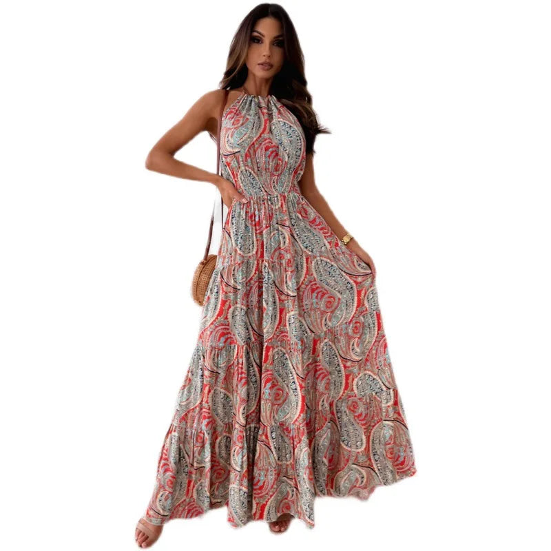 2024 New Women's Printed Tight Waist Fashion Dress Bohemian Open Back Beach Long Dress