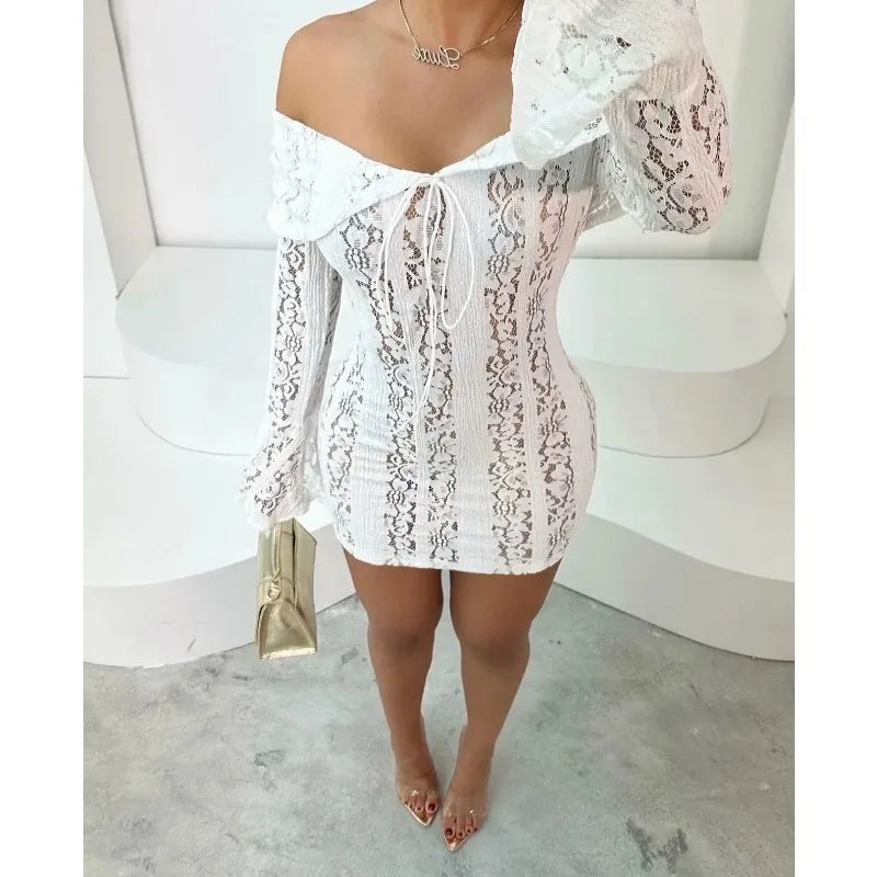 White Off Shoulder See-through Lace Up Maxi Dress Women Flared Long Sleeves Chest Wrapped Dresses Summer Elegant Seaside Gowns