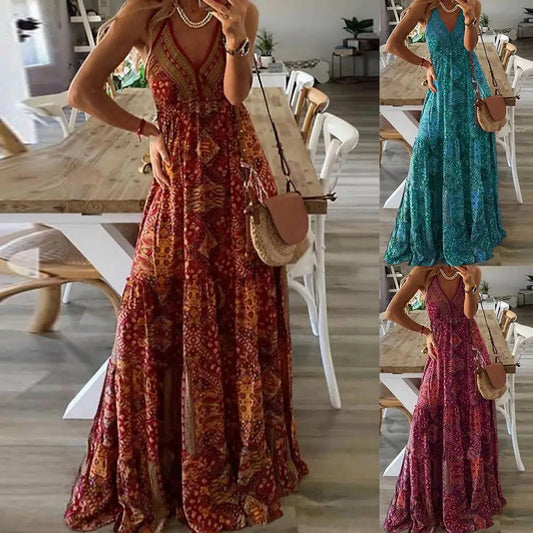 Stylish Boho Dress Loose Women  Women Dress Sleeveless Backless Deep V Neck Dress   for Vacation  Summer Dress