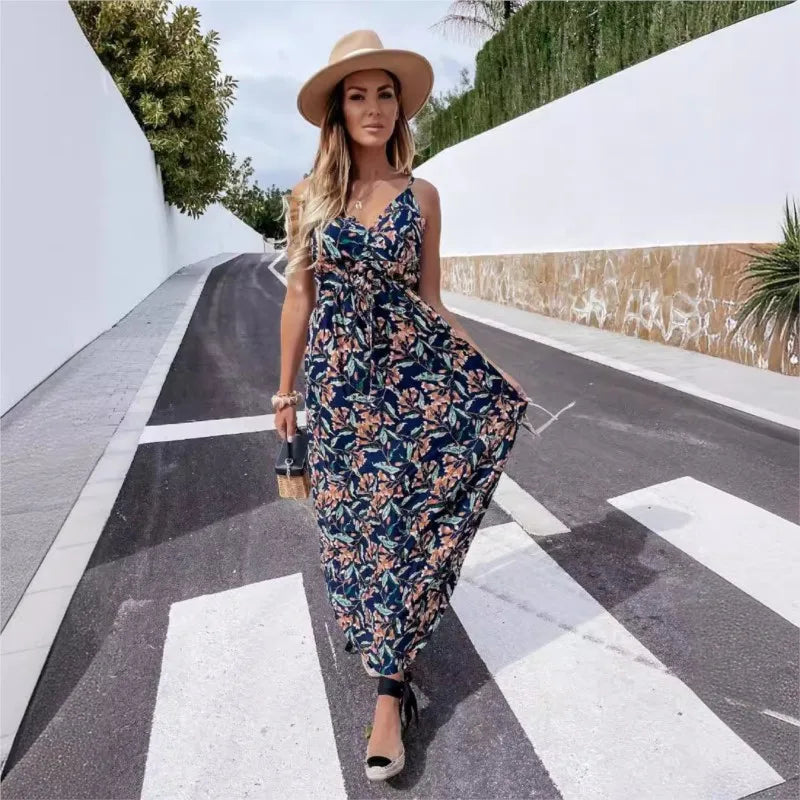 202 Spring/Summer New Printed Bohemian Long Dress V-neck Sleeveless Strap Dress for Women