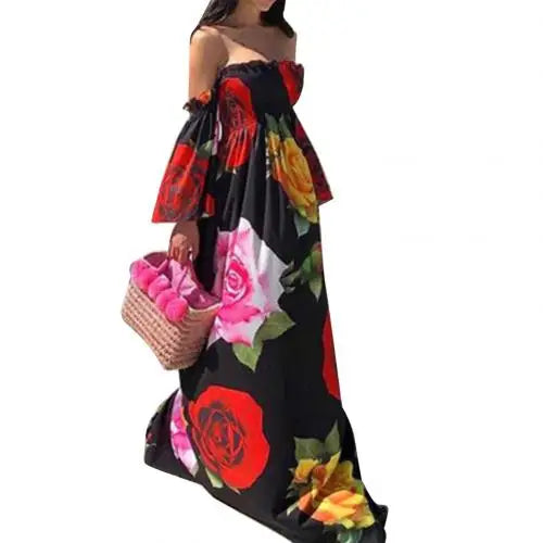 Hot Holiday Boho Women Off Shoulder Backless Flare Sleeve Floral Print Maxi Dress party Out of the ordinary Dress платье