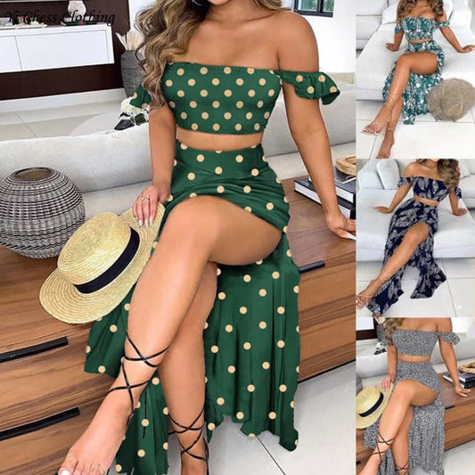 2024 Women's Summer New Fashionable and Beautiful Bohemian High Waist Printed One Line Neck Bra Strap Open Navel Set Dress