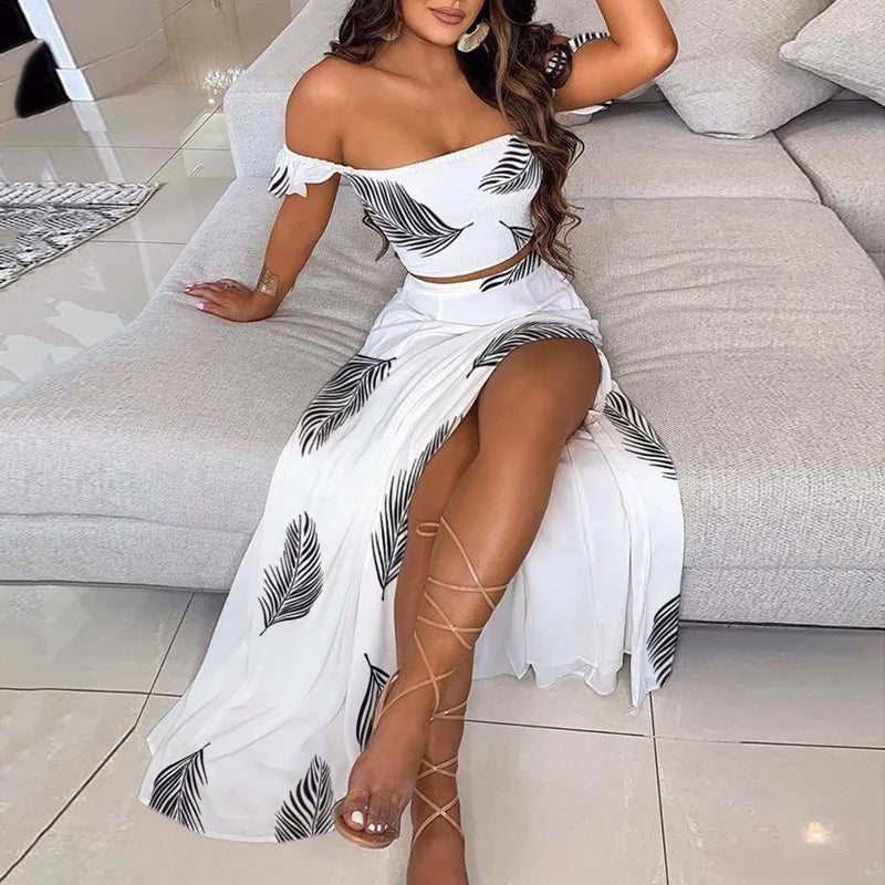 2024 Women's Summer New Fashionable and Beautiful Bohemian High Waist Printed One Line Neck Bra Strap Open Navel Set Dress