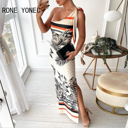 Women Elegant Dress All Over Print One Shoulder Side Slit Maxi Dress Summer Dress