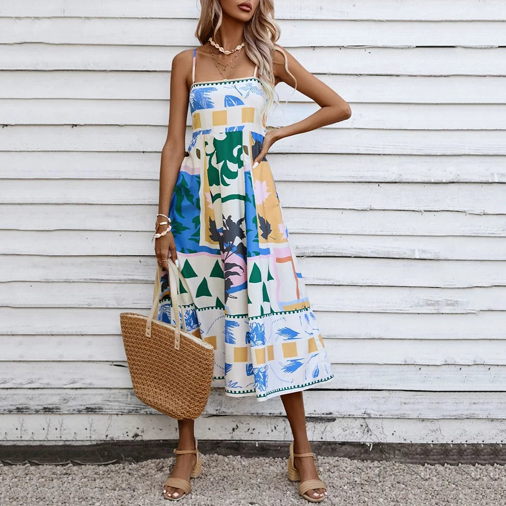 Women's Bohemian Floral Print Maxi Cami Dress Spaghetti Strap Flowy Long Midi Dresses Chic Casual Beach Summer Sundress 2024