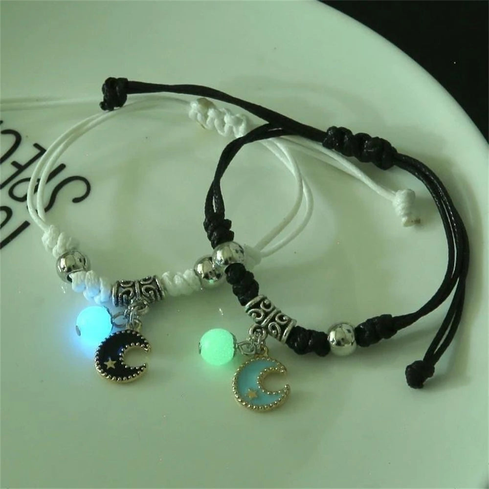 2pcs Luminous Cat Star Moon Cross Charms Bracelet Set Couple Adjustable Woven Rope Friendship Bracelet For Women Men Summer Gift