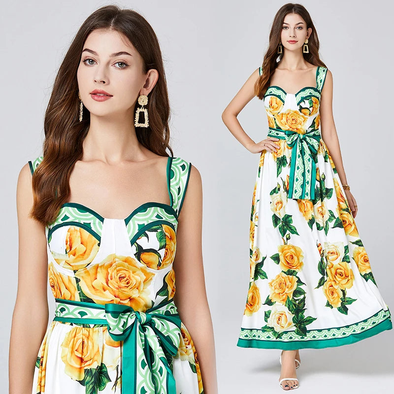 Runway Fashion Maxi Dress Summer Bohemian Spaghetti Strap Lemon Print Sundress Cup Padded Belted Elegant Backless Long Vestidos