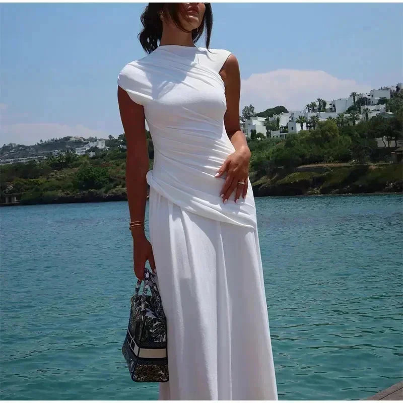 Irregular Pleat Slim Maxi Dress Women White Solid Elegant O Neck Short Sleeve Long Robe Fashion Summer New Lady Vacation Dresses