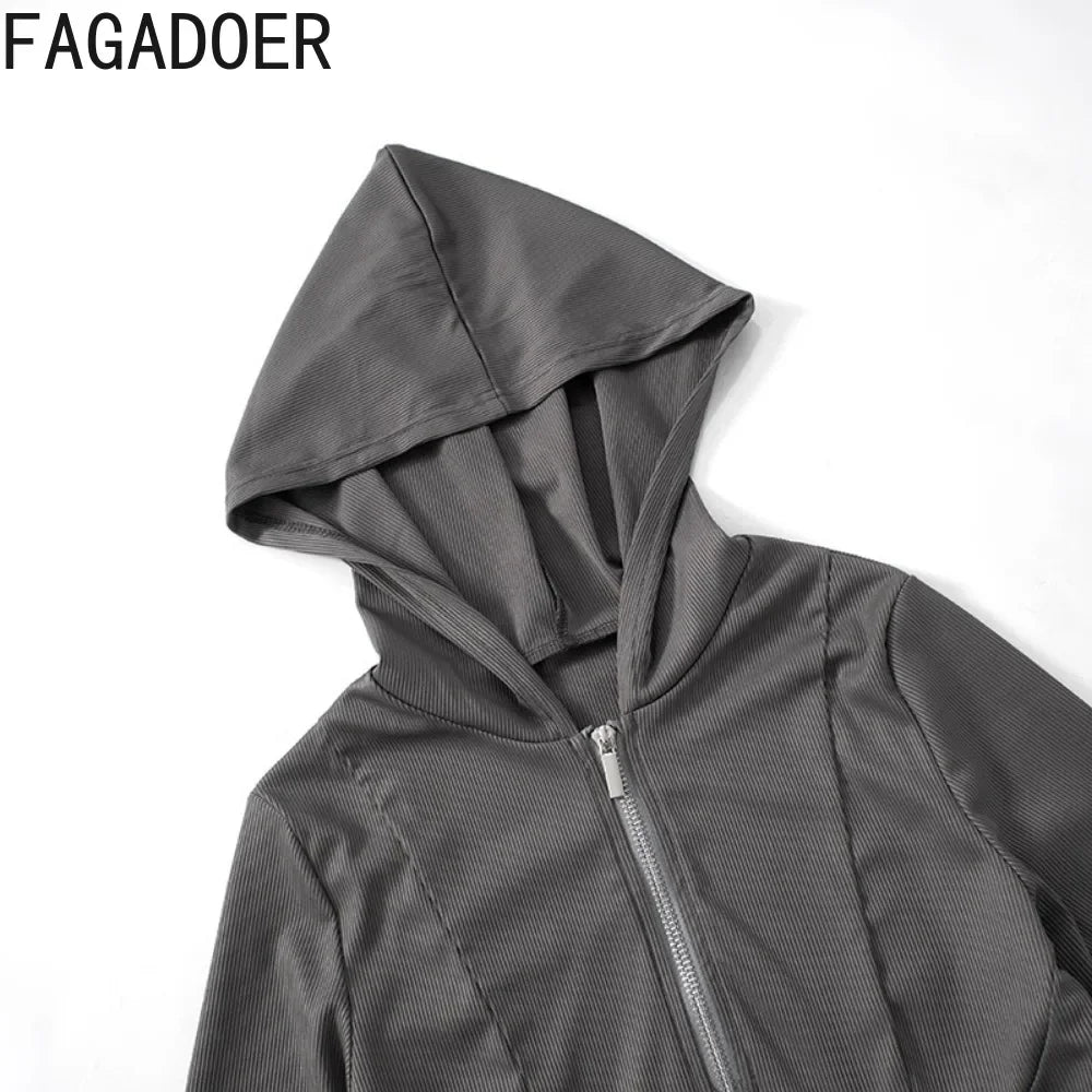 FAGADOER Fashion Ribber Hooded Two Piece Sets For Women Zipper Long Sleeve Slim Top And Mini Skirts Outfits Female Streetwear