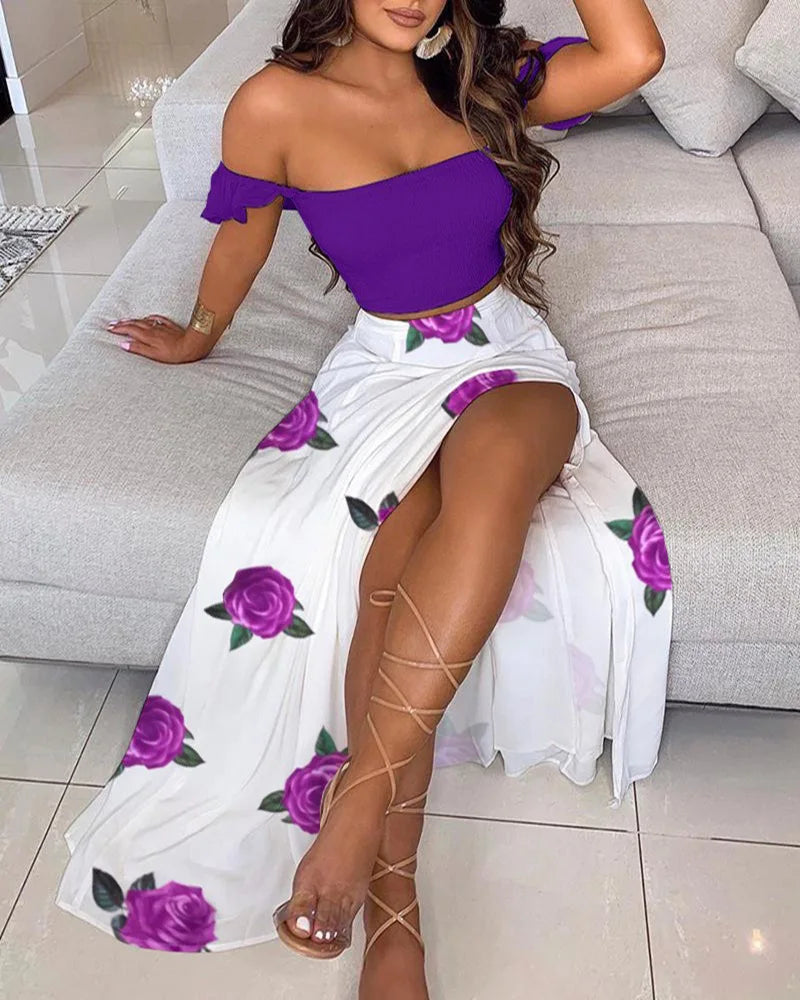 2024 Women's Summer New Fashionable and Beautiful Bohemian High Waist Printed One Line Neck Bra Strap Open Navel Set Dress