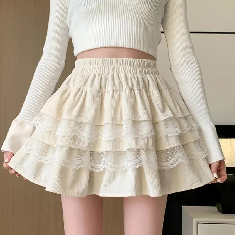 Cute Lace Mini Skirt for Women Spring Summer High-waisted A-line Pleated Elastic Waist Cake Skirt Sweet Style Clothing