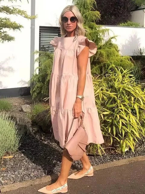 Fashion Boho Oversize A-line Dress For Women 2024 Summer Casual O-neck Ruffles Sleeve Solid Color Holiday Beach Midi Dresses