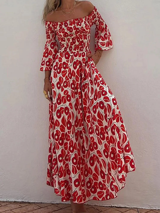 Fashion Printing Slash Neck Loungewear Dress, Women Spring Summer Flare Sleeve Backless Maxi Dress, Elegant Loose Ladies Dress