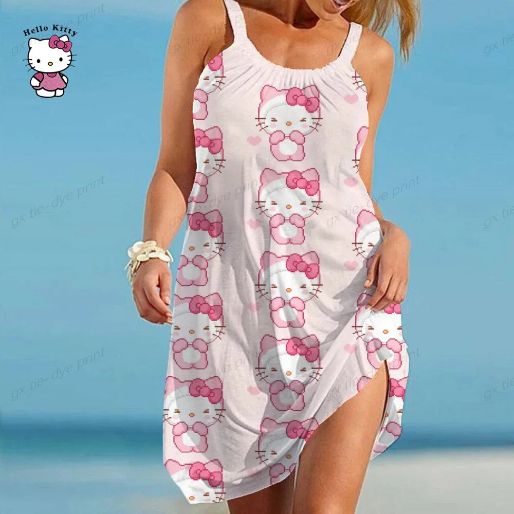 Hello Kitty Printed Vestidos Women Short Sleeves O Neck Midi Dresses A Line Bohemian Summer White Elegant Beach Dress