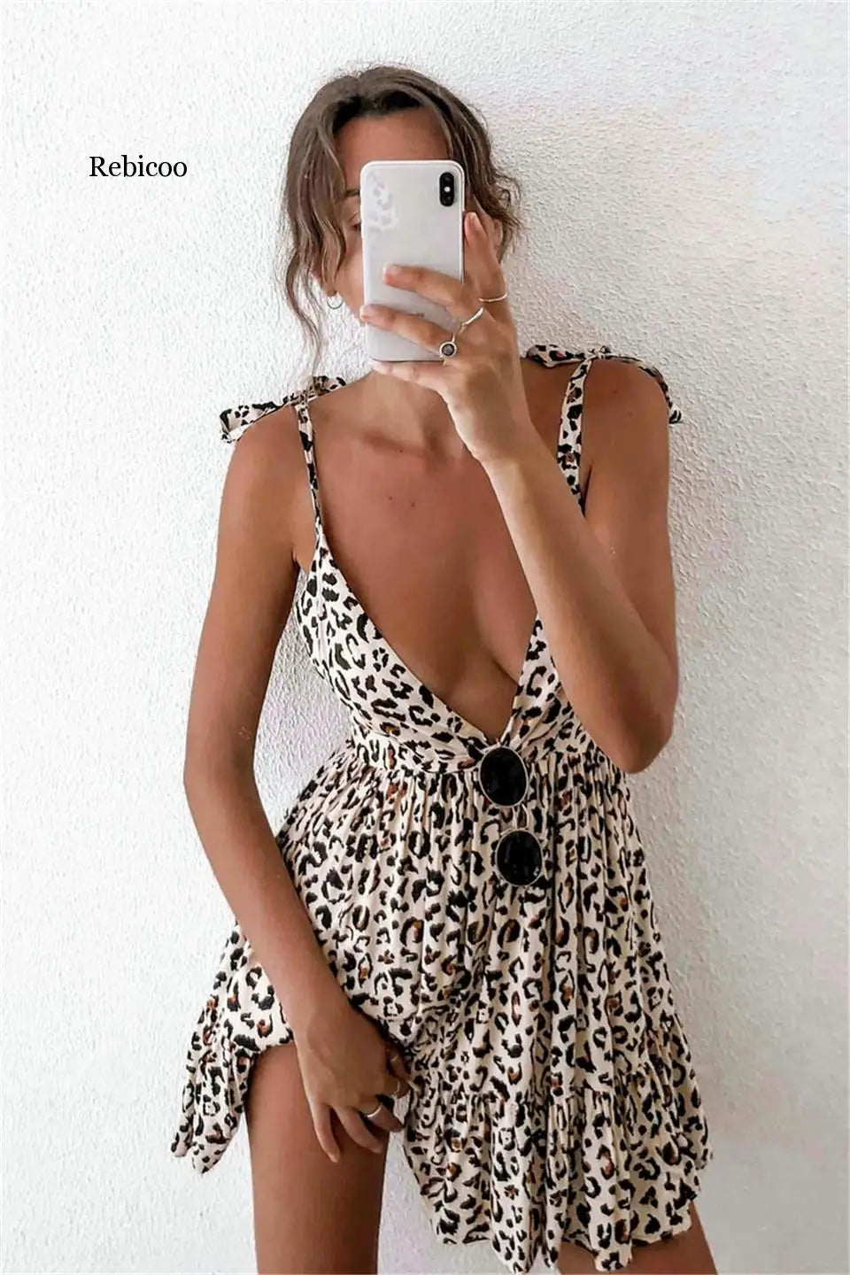 Bohemian Style Women Summer A-Line Dress Bandage Design Sling Sleeveless V-Neck Backless Leopard Flower Print Slim Mini Dress