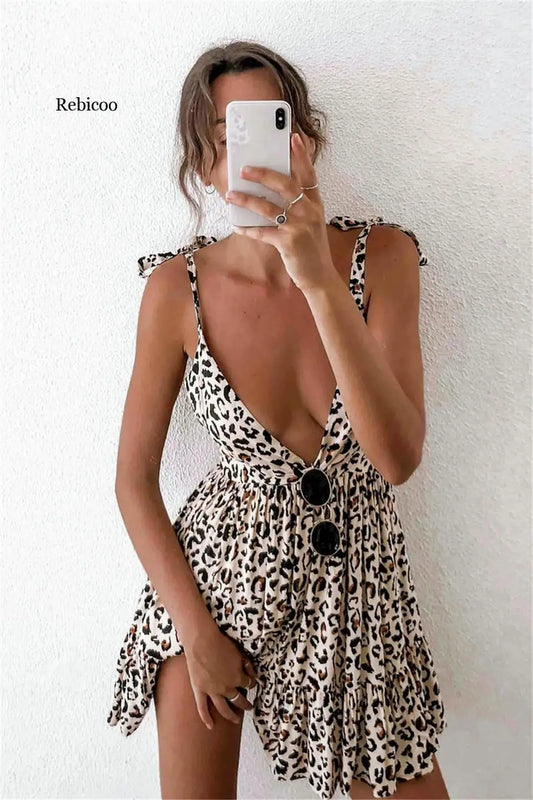 Bohemian Style Women Summer A-Line Dress Bandage Design Sling Sleeveless V-Neck Backless Leopard Flower Print Slim Mini Dress