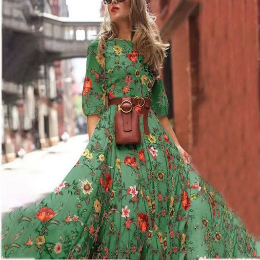 Spring Summer Vintage Floral Printed Maxi Dress Fashion Office Lady Fashion Elegant Long Sleeve O-neck Elegant Dresss For Women